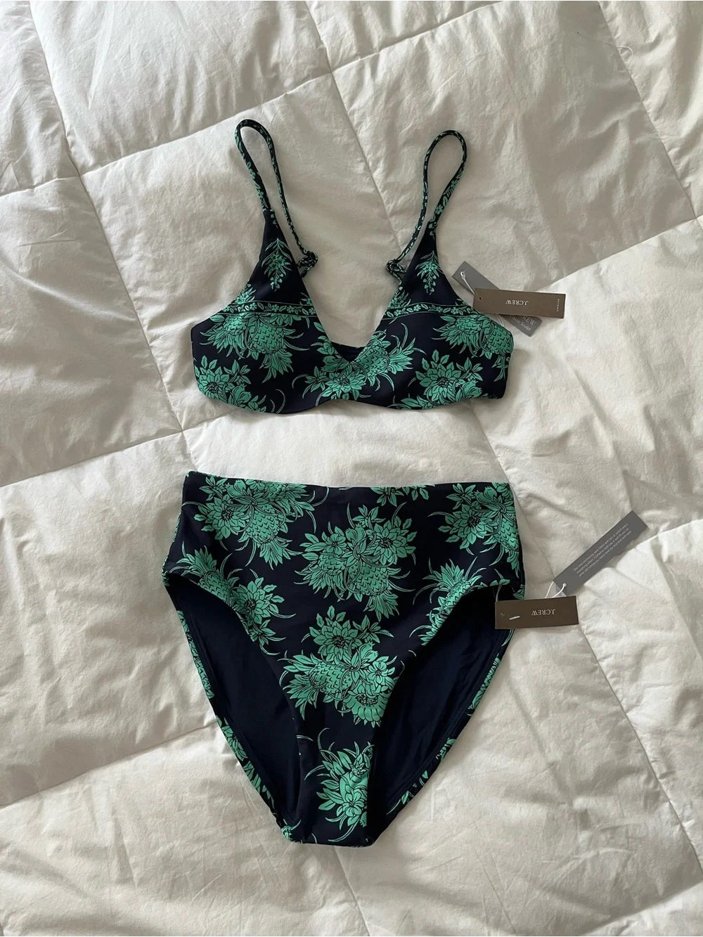 J Crew Pineapple Floral Navy and Green Three-Piece Swim Set